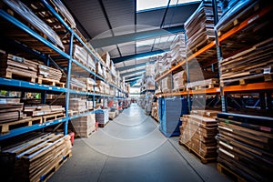 Immaculate storage space. Tidily arranged stacked wooden beams in a pristine warehouse photo