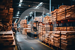 Immaculately organized wooden beams in a clean and efficiently managed warehouse