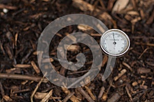 Immature compost managed in a community composter with one thermometer to control the process. Concept of recycling and