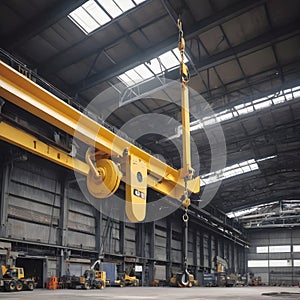 An immense overhead crane hook suspended in midair at a bustling industrial location