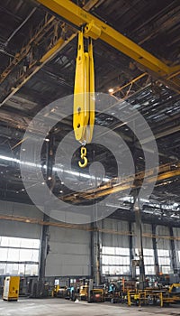An immense overhead crane hook suspended in midair at a bustling industrial location