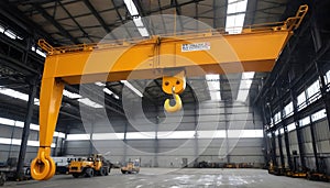 An immense overhead crane hook suspended in midair at a bustling industrial location photo