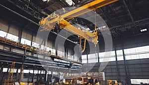 An immense overhead crane hook suspended in midair at a bustling industrial location photo