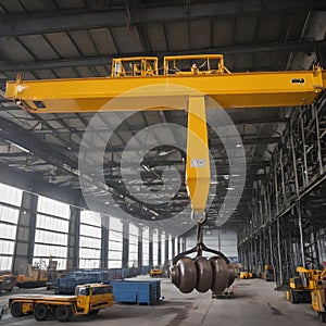 An immense overhead crane hook suspended in midair at a bustling industrial location photo