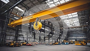 An immense overhead crane hook suspended in midair at a bustling industrial location photo