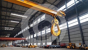 An immense overhead crane hook suspended in midair at a bustling industrial location photo