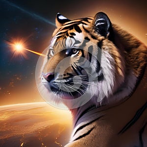 An immense, star-forged tiger with fur resembling solar flares, prowling the cosmic wilderness3