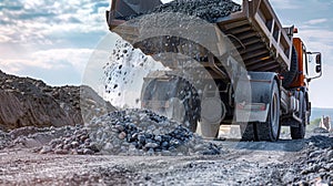 The immense weight of a dump truck its bed lifted high as it unloads a load of gravel onto the ground photo