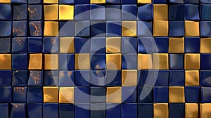 Immerse in a luxurious dark blue and gold cube or tile mosaic abstract background. Opulent visual synthesis, Ai Generated