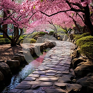 Vibrant and Serene Japanese Garden with Cherry Blossoms and Haikus