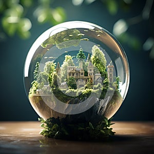 Miniature city in a crystal ball on a dark background. The concept of nature conservation. Ai generative photo