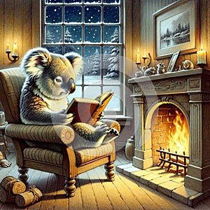 Cozy Winter Night, Literate Koala by the Fireplace photo