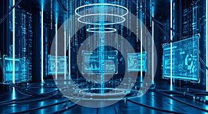 Modern Data Center: Futuristic Tech Landscape with Advanced Digital Displays