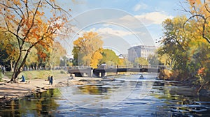 Munich Reverie: Impressionistic Watercolor Along the Serene Isar Riverbanks