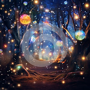 Dreamy Celestial Forest with Colorful Bokeh Lights