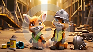 Two Playful Foxes in Gray Hard Hats - Photorealistic Illustrations of Curious Vulpine Companions