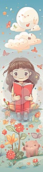 Cute little girl reading a book in the park. Vector illustration. Bookmark design.