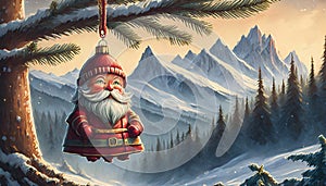 On the eve of New Year, a delightful Christmas ornament depicting Santa Claus hangs gracefully from the Christmas tree photo