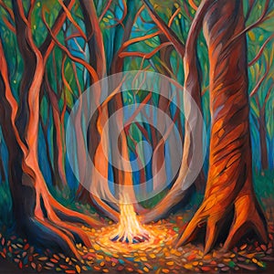 Immerse yourself in a Lag BaOmer revelry in an ancient grove, bonfires casting a soft glow on ancient tree trunks photo