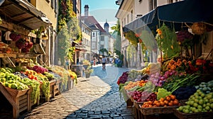 Vibrant European Street Market: Fresh Produce, Flowers, and Charm photo