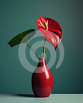 Anthurium flower in red vase on green background. 3d render