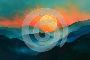 Full orange moon over hills, in the style of colorful landscapes. photo
