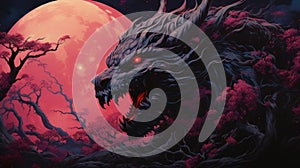 Immerse yourself in a mesmerizing album cover-style artwork where a powerful red dragon commands attention. Ceated with Generative