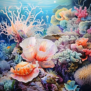 Hyper-realistic underwater scene with soft pastel colors