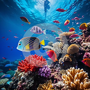Vibrant Underwater Symphony: Graceful Tropical Fish in Lush Coral Reef photo