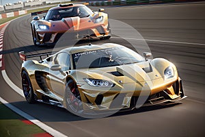 Panorama of Two Sports Racing Cars Battling on the Race Track. AI generated photo