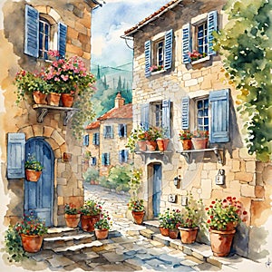 Immerse yourself in the quaint charm of a traditional French village amidst the watercolor rolls