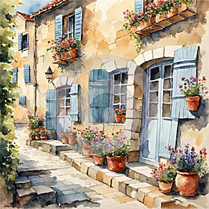 Immerse yourself in the quaint charm of a traditional French village amidst the watercolor rolls