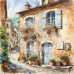 Immerse yourself in the quaint charm of a traditional French village amidst the watercolor rolls