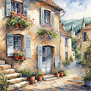 Immerse yourself in the quaint charm of a traditional French village amidst the watercolor rolls