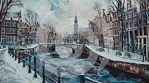 Winter Wonderland: Enchanting Frozen Gracht Scene in Amsterdam Canal photo