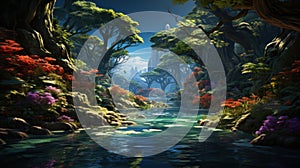 Immerse yourself in the tranquility of a forest oasis, where a majestic waterfall cascades into a crystal-clear stream. Surrounded