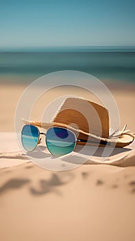 Sunglasses and straw hat on the beach illustration ai generated