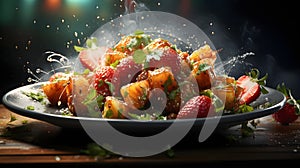 Immerse yourself in the vibrant world of Asian culinary photography, where flying strawberry and banana chunks take the spotlight,