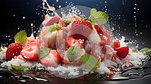 Immerse yourself in the vibrant world of Asian culinary photography, where flying strawberry and banana chunks take the spotlight,