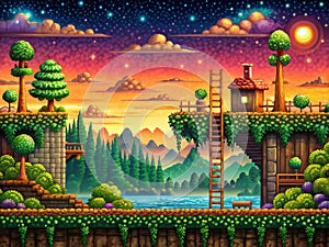 Retro SideScrolling Platform Game Background Pixel Art Level Design for 2D Games Featuring a Vintage Aesthetic for a photo