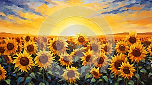 Golden Horizon: Radiant Painting Showcasing a Vast Field of Sunflowers