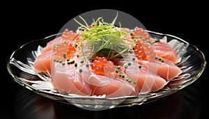 Culinary Elegance: Closeup of Sake Sashimi Isolated on Black Background