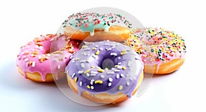 Sweet Temptations: Assorted Colorful Donuts on a White Canvas photo
