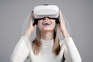 Immersed in the Future: Woman Smiling in Virtual Reality Headset, generative AI