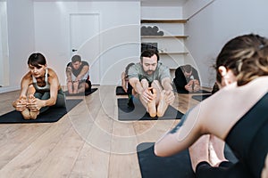 Immersed group of people practicing yoga, sitting on the floor, grabbing toes