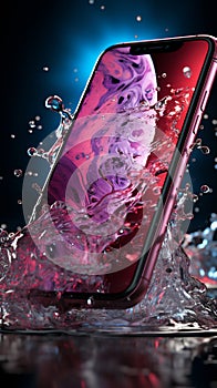 Immersing smartphone in water, phone waterproof on dark background photo