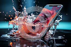 Immersing smartphone in water, phone waterproof on dark background photo