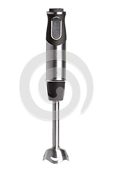 Immersion blender with iron blades and rubberized body.