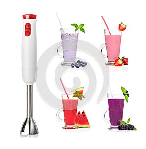 Immersion blender and smoothies isolated