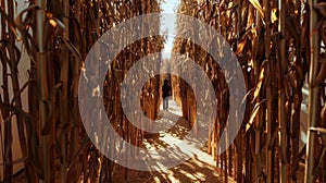 An immersive art installation invites viewers to step into a world of sorghum with towering stalks surrounding them. As